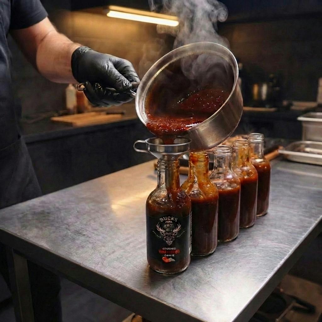 Pouring fresh sauce into bottles