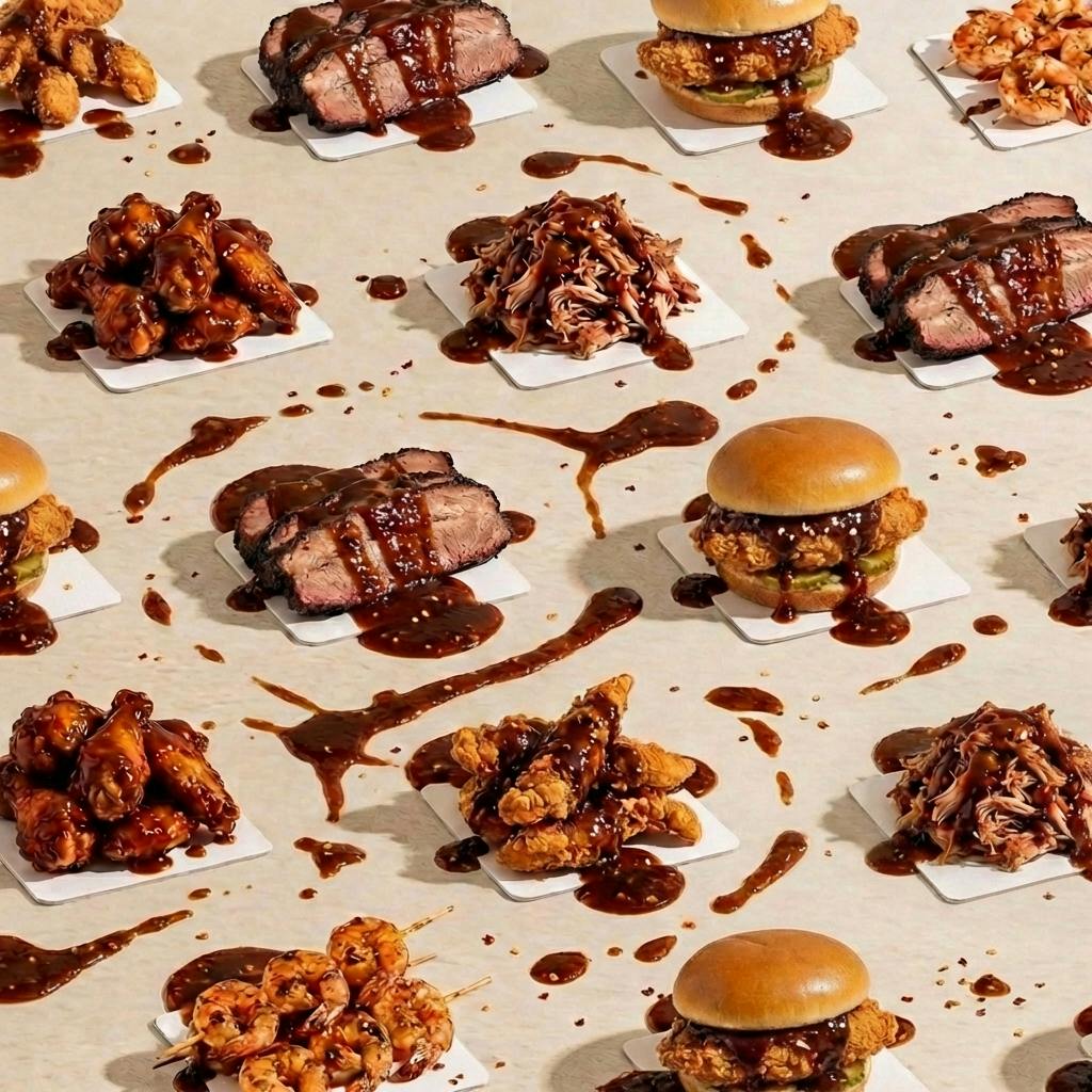 Wings, burgers and ribs covered in sauce