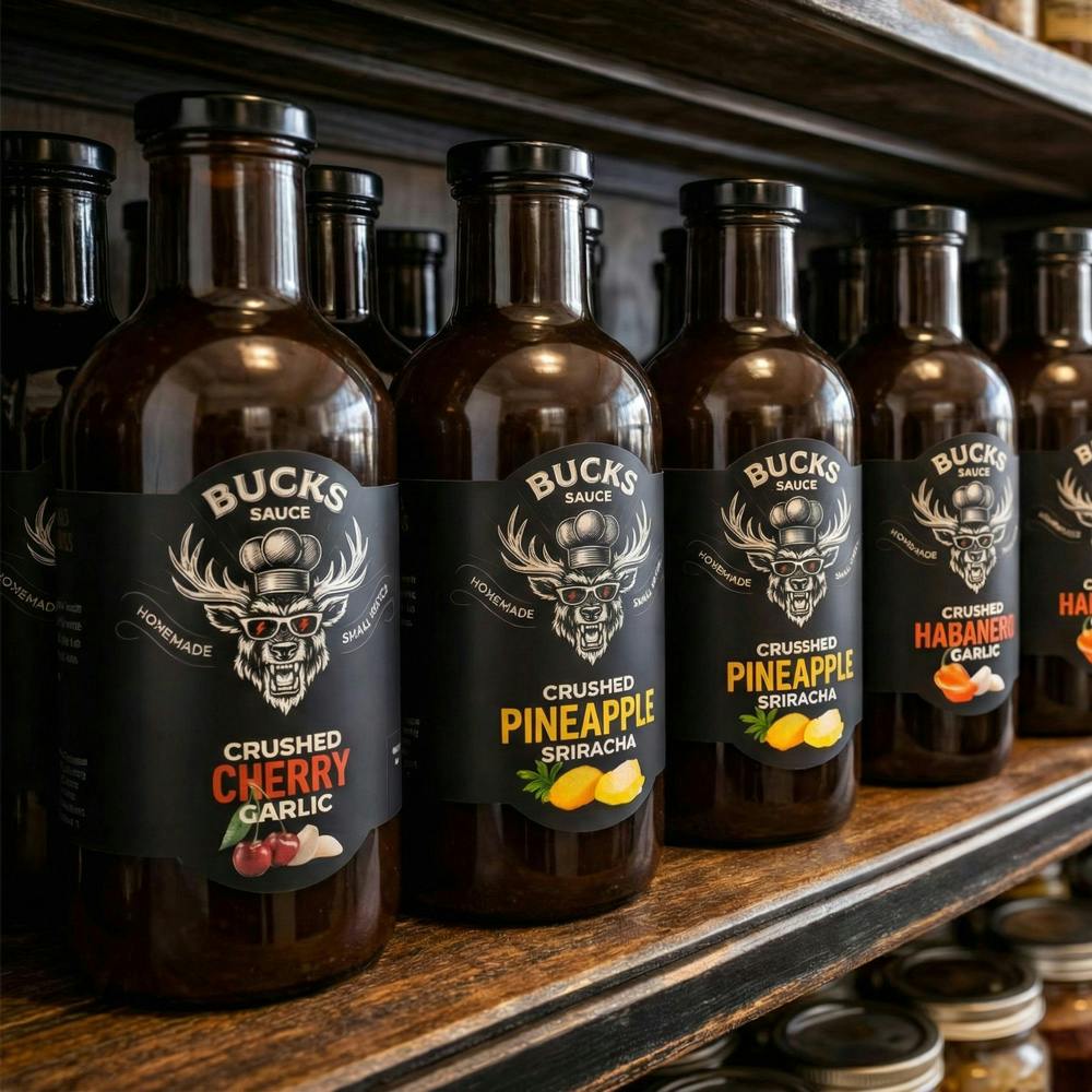 Bucks Sauce bottles lined up on a retail shelf