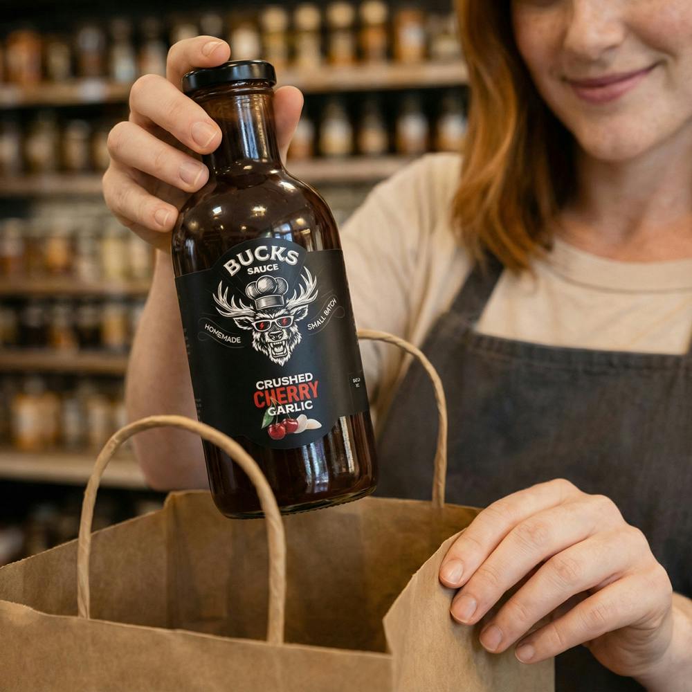 Shopper picking up a bottle of Bucks Sauce