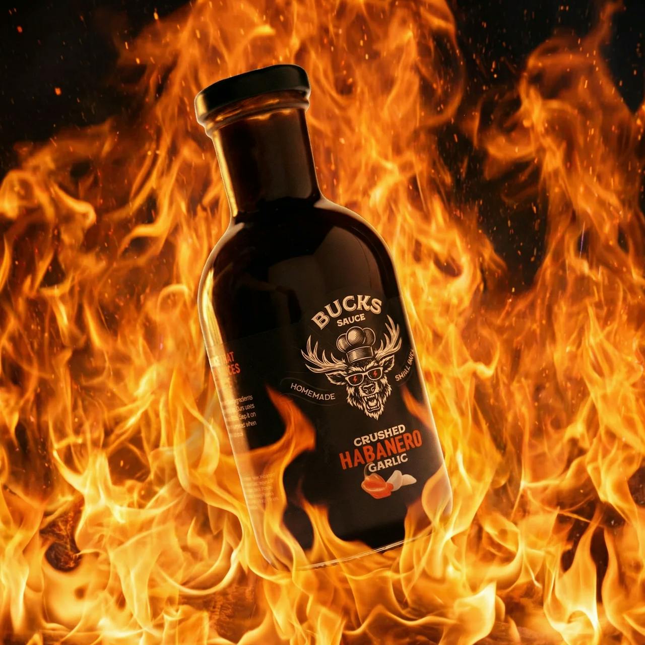 Crushed Habanero Garlic bottle in flames